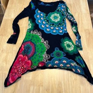 Desigual tunic with big scoop neck, long sleeves, and asymmetrical hemline